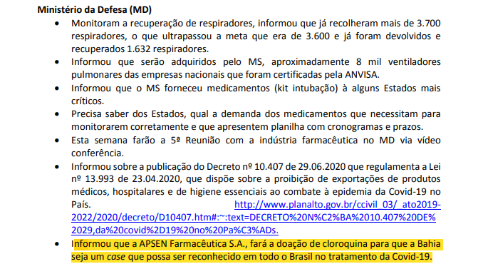 Em trecho de ata do Centro de Coordenação das Operações do Comitê de Crise da Covid-19, Ministério da Defesa afirma doação da APSEN de cloroquina para o estado da Bahia