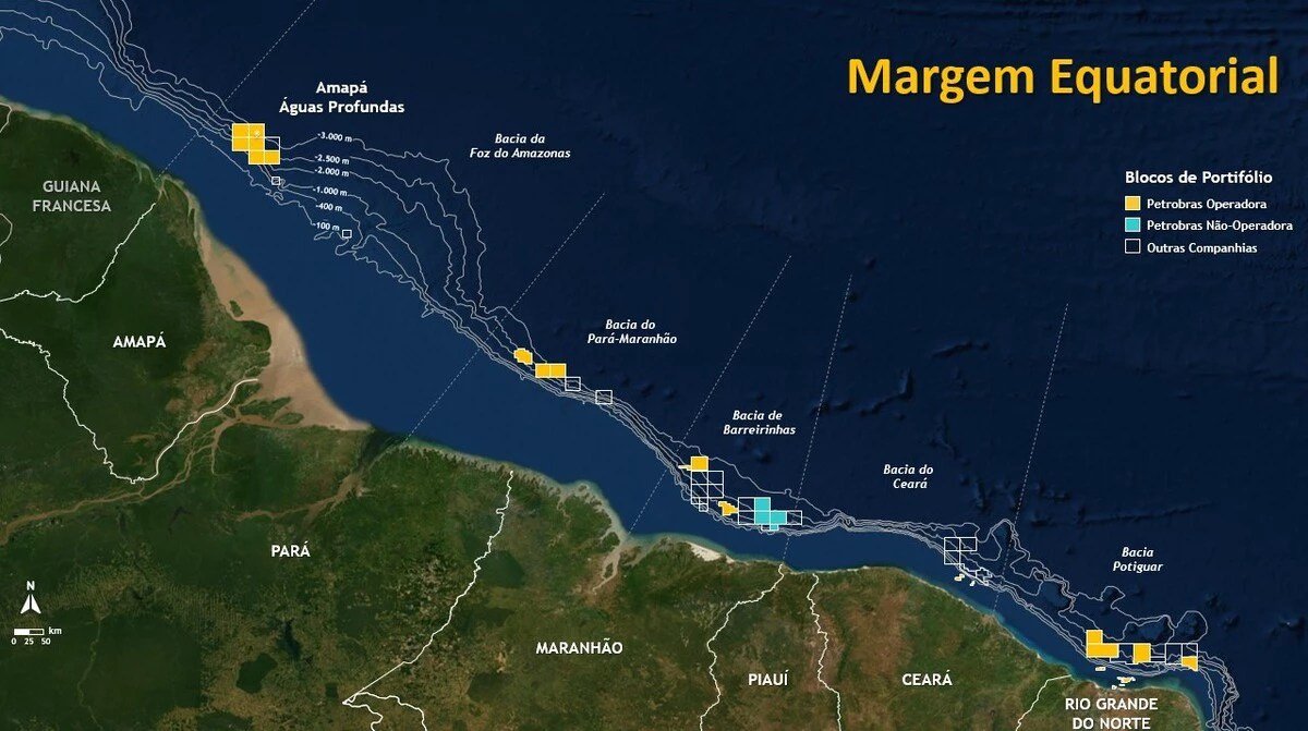 O mapa mostra a Margem Equatorial, região que vai do Rio Grande do Norte ao Amapá e a produção de petróleo da Petrobrás nesta região
