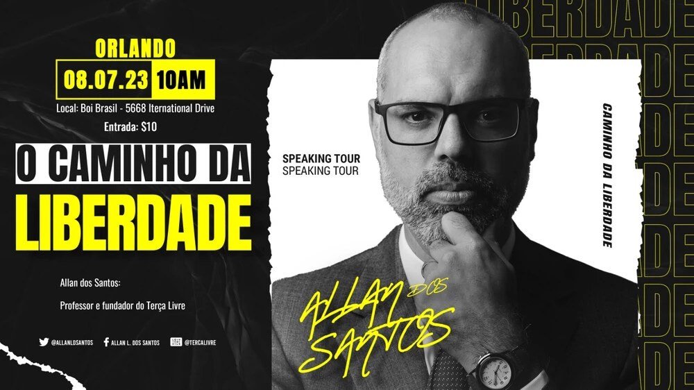Banner da “turnê de palestras” de Allan dos Santos. Na lateral esquerda da imagem está escrito 