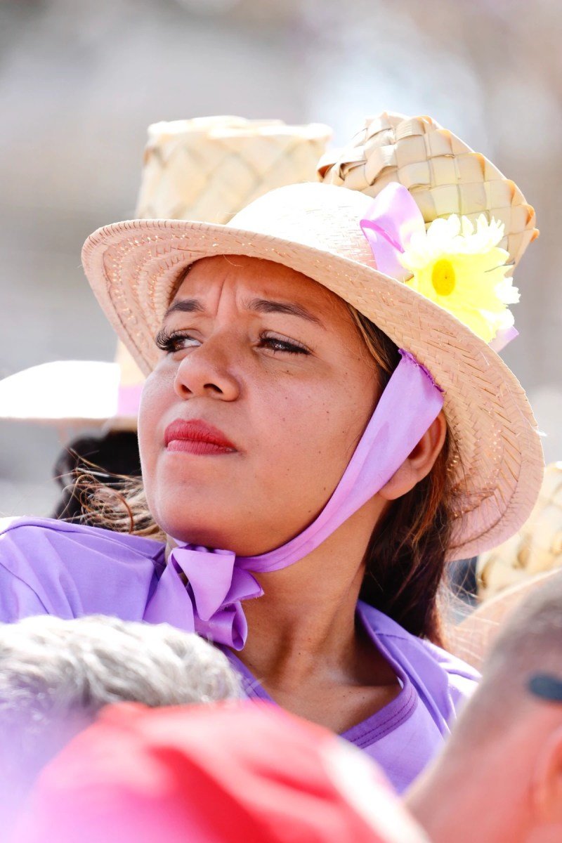 Mulher usando roxo veste chapéu de palha com flores
