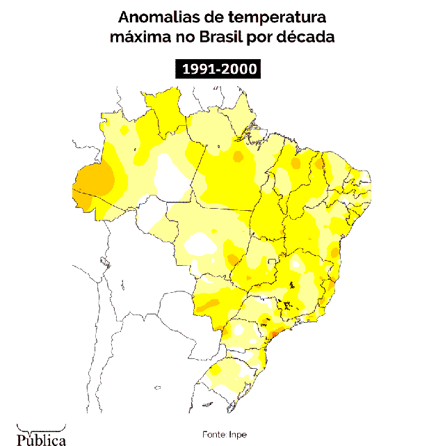 GIF mostra evolução de anomalias de temperatura máxima no Brasil por década entre 2011 e 2000
