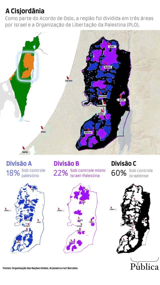 Mapa mostra a divisão da Cisjordânia em três áreas destinadas à israelenses e palestinos
