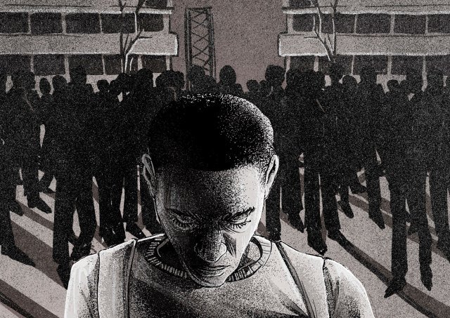 Ilustração mostra jovem negro cercado pelos olhares julgadores da sociedade, após sair da prisão